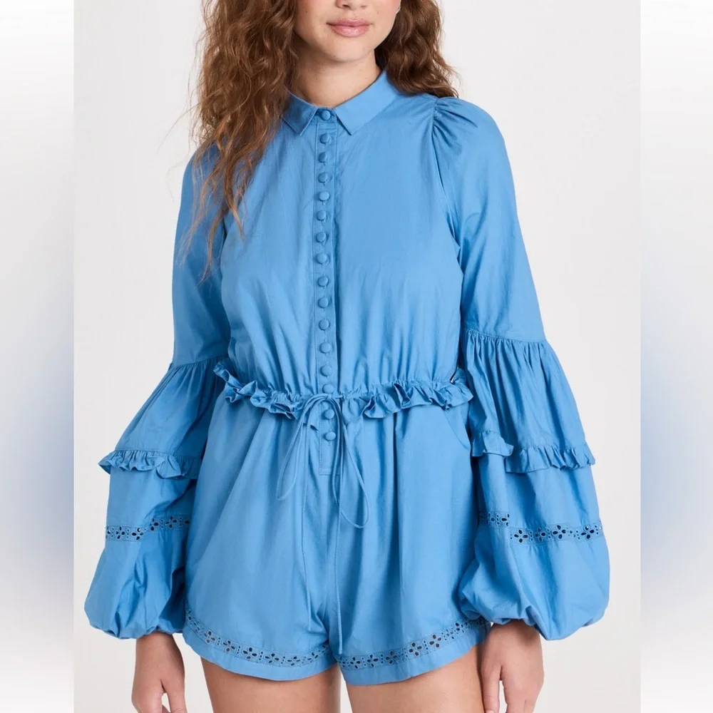 Blue Button-Up Ruffle Jumpsuit - Picture 5 of 9